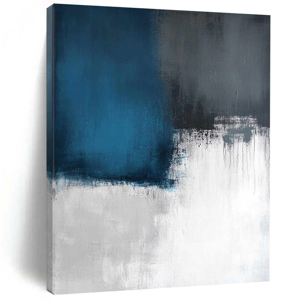 Contemporary large abstract artwork featuring layers of light sky-blue and dark gray, inspired by a calm sea on a white canvas. DLZ0539