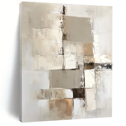 Large contemporary abstract painting with a beige and white palette showcasing geometric shapes and textures on a vertical canvas. DLZ0697