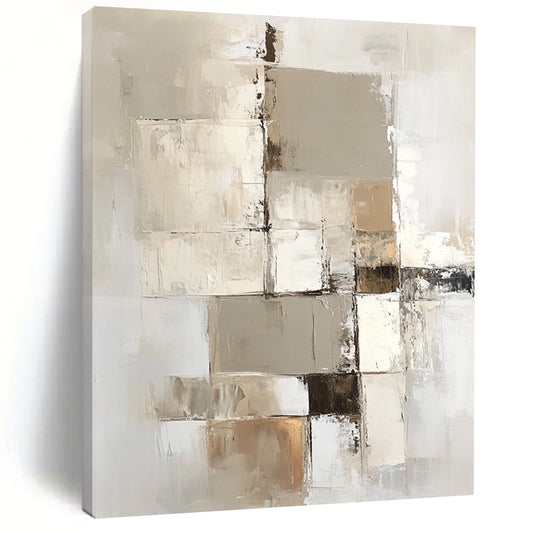 Large contemporary abstract painting with a beige and white palette showcasing geometric shapes and textures on a vertical canvas. DLZ0697