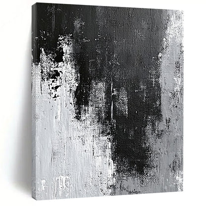 Contemporary hand-painted abstract artwork showcasing intricate gray and black textures with white wall effects and dynamic paint streaks and splashes. DLZ0395