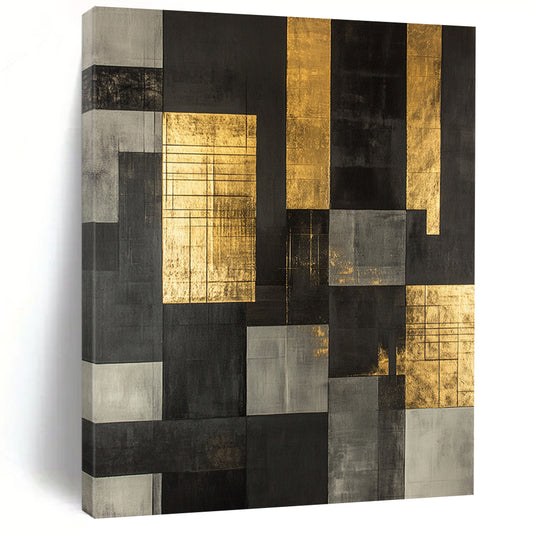 Black, Gray, Gold with Grid Patterns "Structured Glow" Abstract Painting On Canvas HB008