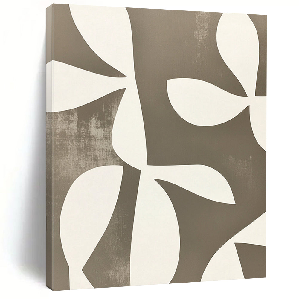 Contemporary abstract artwork featuring minimalist shapes and overlapping floral forms in white on grey, echoing Matisse’s style with defined edges. DLZ1648