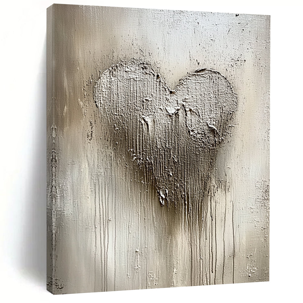 Contemporary abstract painting featuring textured silver and white patterns with a central heart shape, capturing winter's beauty in shimmering details and a cool palette. DLZ0531