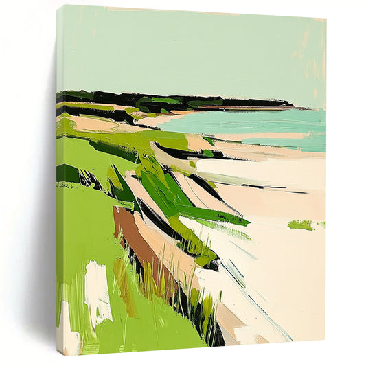 Contemporary abstract painting featuring New England coast with vibrant green grasses and serene white sandy beaches. Perfect for any modern space. DLZ0652