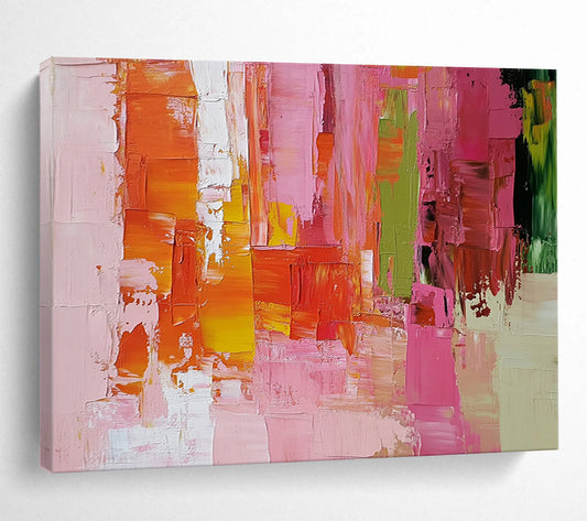 “Vibrant Urban Patchwork” - Pink, Orange, Yellow, Green, Abstract Cityscape - like Blocks Painting On Canvas HB1076