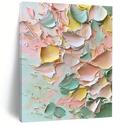 Contemporary large hand-painted abstract artwork featuring thick impasto strokes of soft pinks greens yellows and whites creating dreamy floral textures. DLZ1225