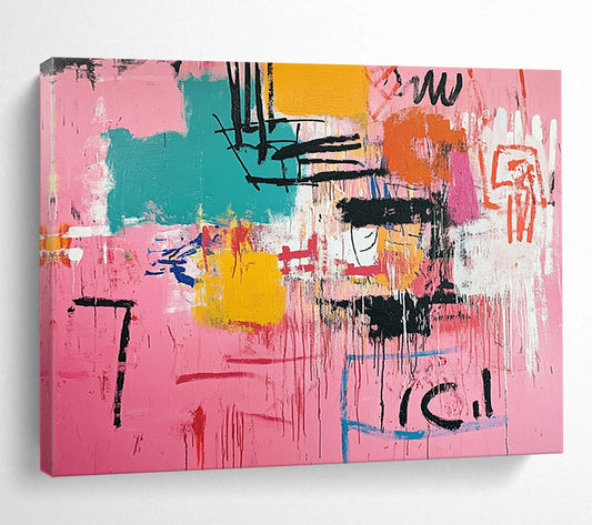 “Pink Abstract with Drips” - Pink, Colorful Shapes, Black Drips, Text - Painting On Canvas HB1434