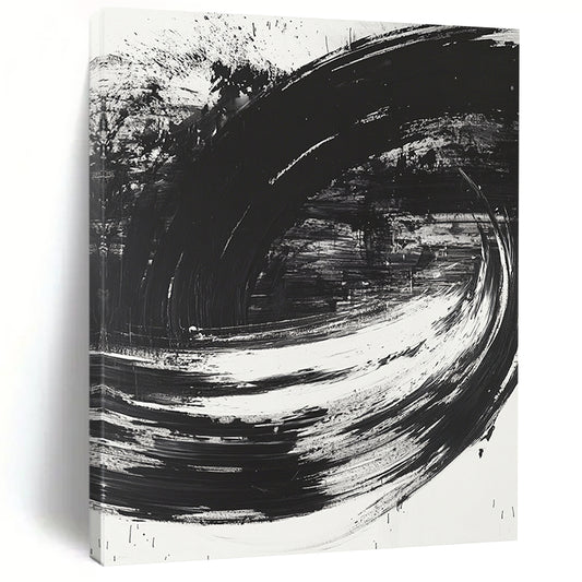 Black, White, Swirling Strokes "Monochrome Vortex" Abstract Modernist Painting On Canvas HB093