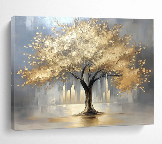 “Golden Tree in City” - Gray background, golden foliage, cityscape, Textured Tree Painting On Canvas HB0592