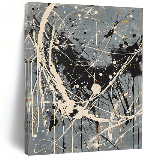 Gray, Black, White, Gold, Complex Drips "Starry Maze" Abstract Pollock - Inspired Painting On Canvas HB054