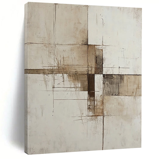 Contemporary hand-painted abstract artwork featuring minimalist deconstructed forms in beige white and brown inspired by architectural structures. DLZ0540