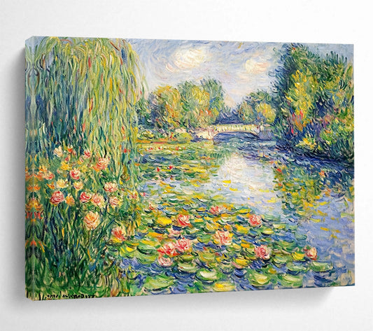 “Monet - Style Water Lilies” - Green, Blue, Pink, Classic Water Lily Scene - Impressionist Oil Painting HB1674
