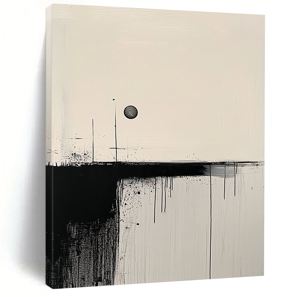Contemporary hand-painted abstract art featuring minimalist black brushstrokes on a textured white canvas with a contrasting circle for balance. DLZ0766