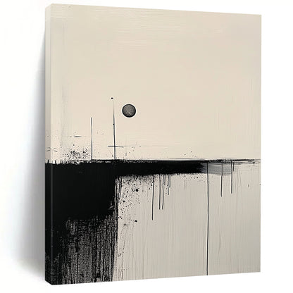 Contemporary hand-painted abstract art featuring minimalist black brushstrokes on a textured white canvas with a contrasting circle for balance. DLZ0766