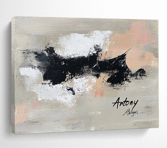 “Abstract Black Splatters” - Black, white, beige, pink, Abstract Expressionist Painting HB0621