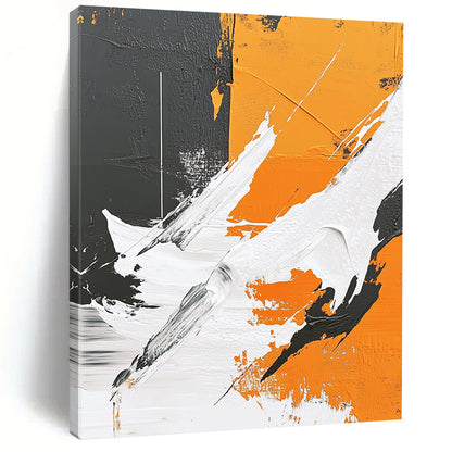 Contemporary hand-painted abstract art featuring thick brushstrokes, geometric elements, and a polar bear silhouette against a gray background with vibrant orange and white details. DLZ0653