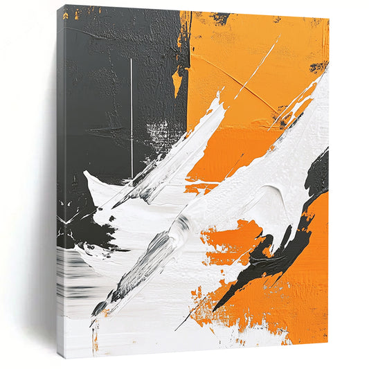 Contemporary hand-painted abstract art featuring thick brushstrokes, geometric elements, and a polar bear silhouette against a gray background with vibrant orange and white details. DLZ0653