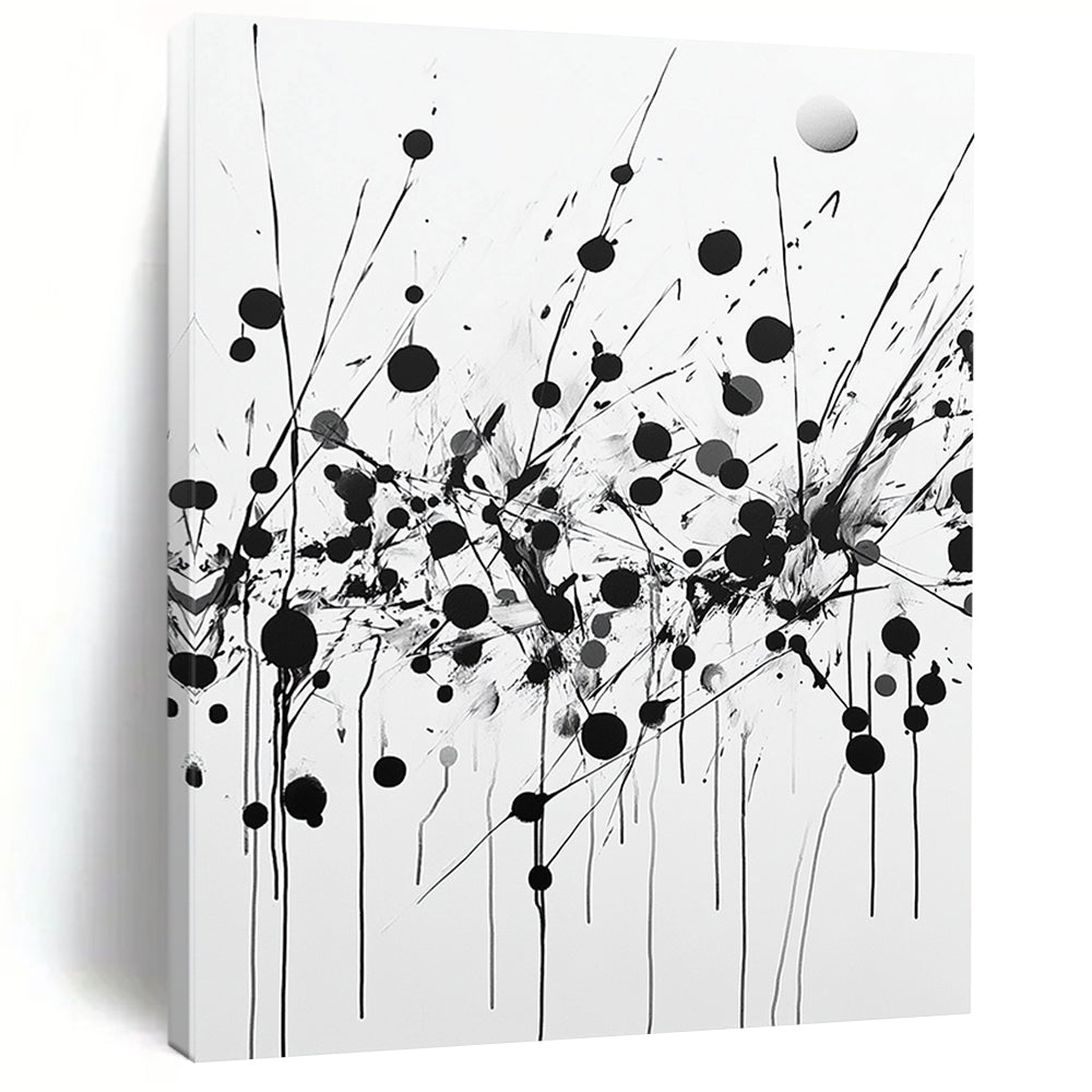 Black Dots, Lines & Splatters on White - “Dynamic Ink Chaos” Painting On Canvas HB224
