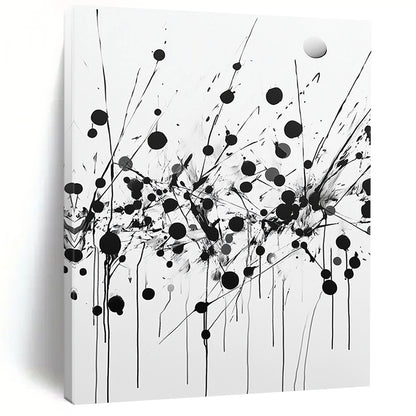 Black Dots, Lines & Splatters on White - “Dynamic Ink Chaos” Painting On Canvas HB224