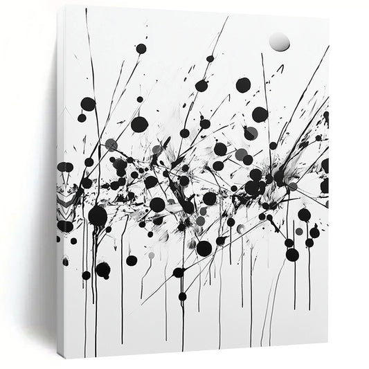 Black Dots, Lines & Splatters on White - “Dynamic Ink Chaos” Painting On Canvas HB224