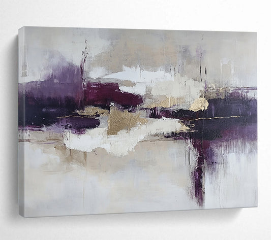 “Elegant Purple Abstract” - Purple, Gold, White, Textured Abstract Shapes Painting On Canvas HB0953