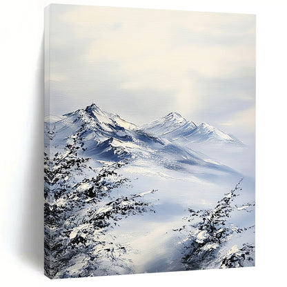 Contemporary hand-painted abstract artwork featuring textured snow-capped mountains in gray and blue tones with an impressionist style and visible brushstrokes. DLZ1683