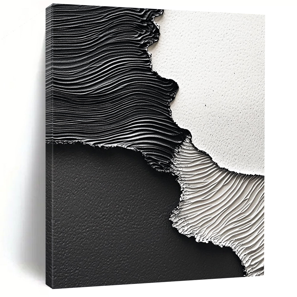 Contemporary hand-painted abstract art featuring dynamic black paint waves on textured paper showcasing intricate details and high-resolution depth. DLZ1538