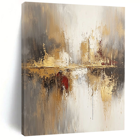 Large contemporary abstract painting featuring soft beige and gray tones enhanced with gold accents and a blurred background for a modern aesthetic. DLZ0759