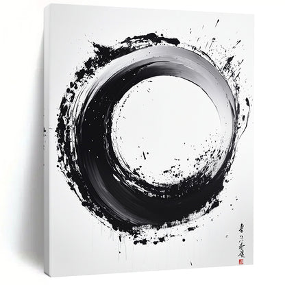Black and White Textured Circle "Rustic Enso" Painting On Canvas HB288