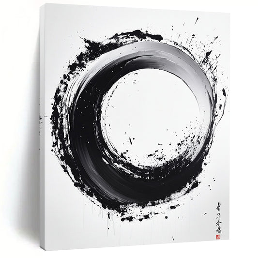 Black and White Textured Circle "Rustic Enso" Painting On Canvas HB288