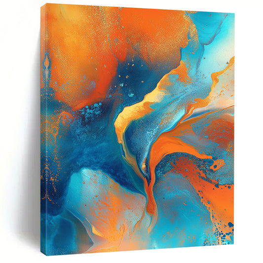 Contemporary hand-painted abstract art featuring swirling orange blue and teal colors with glitter and an open space for text, ideal for wall display. DLZ0908
