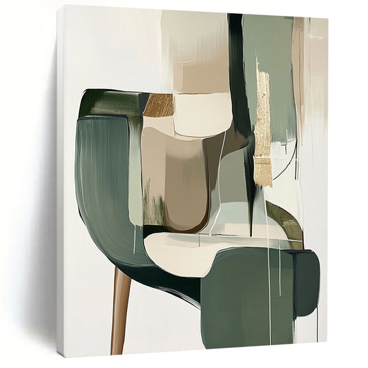 Contemporary hand-painted abstract artwork features muted sage green and neutral tones with gold foil accents and geometric shapes in a minimalistic Japandi style. DLZ0512