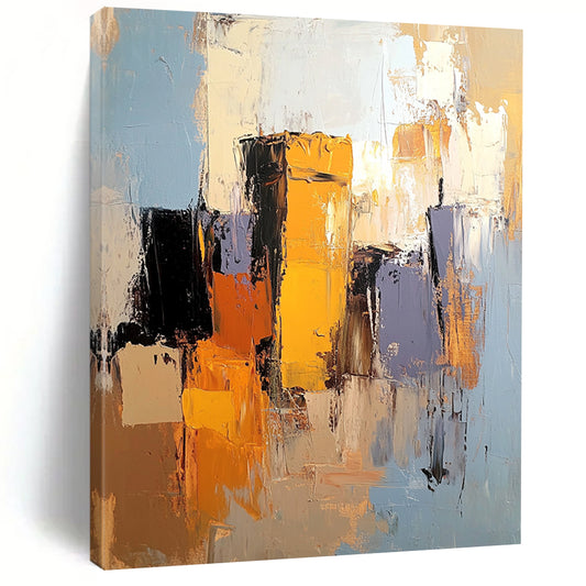Contemporary abstract artwork showcasing the Alhambra in light blue, mustard yellow, and burnt sienna with gray and brown accents. DLZ0894