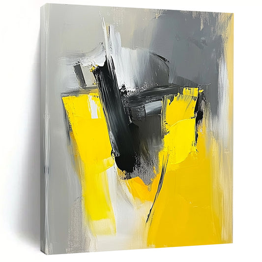 Large contemporary hand-painted abstract artwork featuring loose brush strokes in a striking gray and yellow color palette. DLZ0863