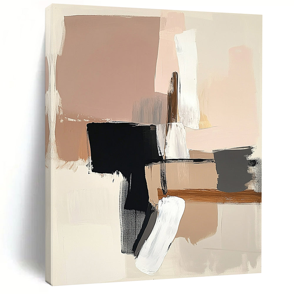 Contemporary abstract art featuring neutral tones soft pink and beige with white brush strokes and bold black lines on a beige background. DLZ1048