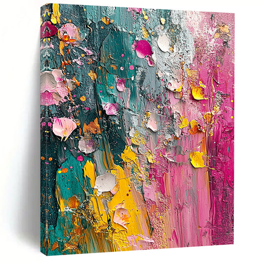 Contemporary hand-painted abstract artwork featuring vibrant colors and textured layers inspired by nature evoking the essence of springtime. DLZ1190