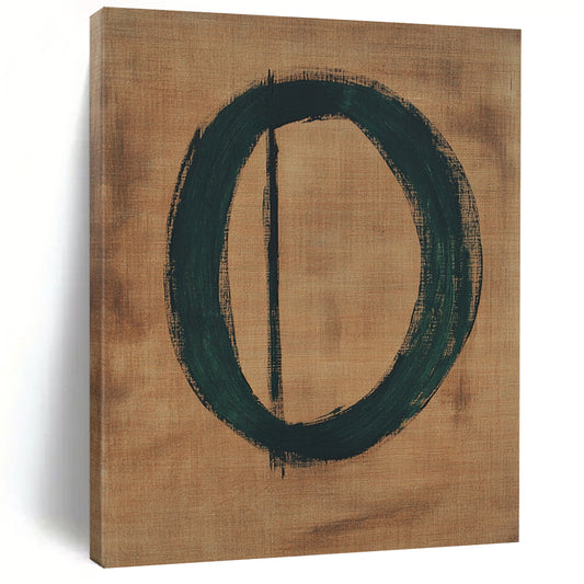 Contemporary abstract art features a green circular number zero on brown paper accented by thin black lines, crafted in an oil painting style. DLZ1466
