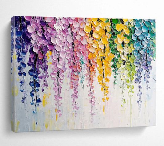 “Colorful Cascading Blooms” - Bright purples, pinks, yellows, greens, blues; Dripping flower blossoms; Impasto Floral Painting On Canvas HB1163