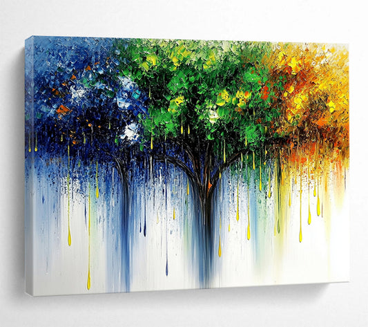 “Colorful Dripping Tree” - Blue, Green, Yellow, Orange - Impasto Dripping Tree - Oil Painting HB1329