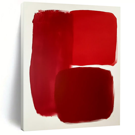 Contemporary abstract artwork featuring bold red shapes on a white background showcasing minimalist design and evocative empty spaces. DLZ1693
