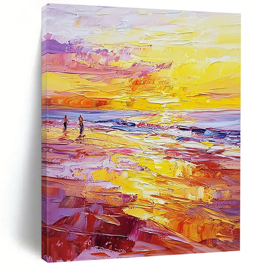 Contemporary abstract painting featuring vibrant sunset hues with palette knife textures and small figures on a beach during golden hour. DLZ0476
