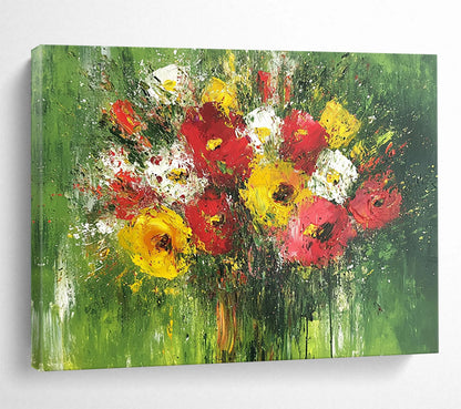 Impasto Flower Bouquet on Green - Vibrant Still - Life Oil Painting On Canvas HB0476