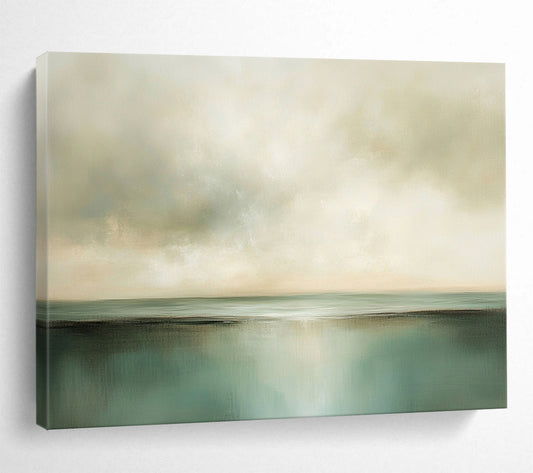 “Soft Green Horizon” - Green, Beige, Calm Sky and Water Painting On Canvas HB0930