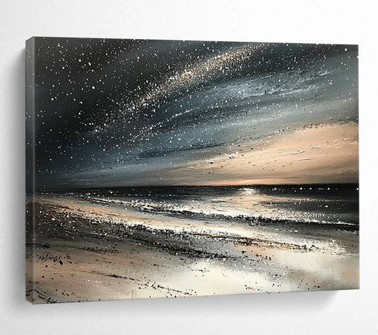“Starry Night Beach” - Blacks, Whites, Grays, Beiges, Beach Under a Starry Sky - Impasto Oil Painting HB1741
