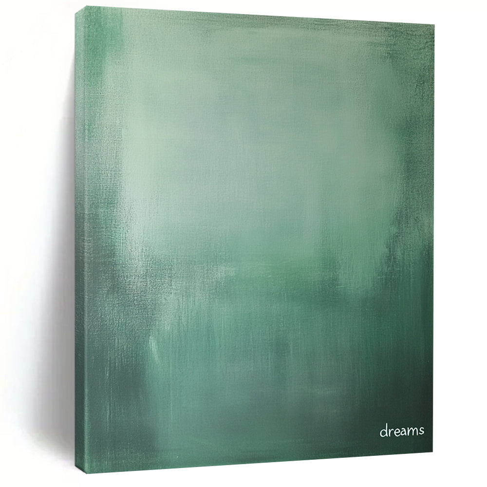 Contemporary abstract art features a tranquil green and grey gradient with the word dreams in white, perfect for evoking nostalgia and solitude in photography. DLZ1283