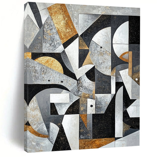 Gray, Black, White, Gold and Brown Geometric Abstraction "Vintage Geometry" Painting On Canvas HB395