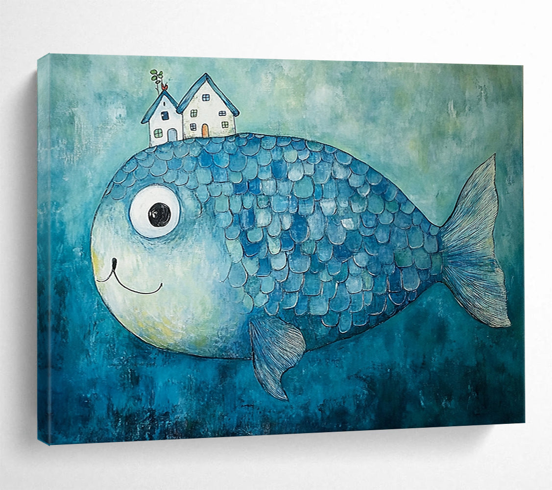 “House - Topped Blue Fish” - Blue fish, white houses, Whimsical Painting On Canvas HB0576