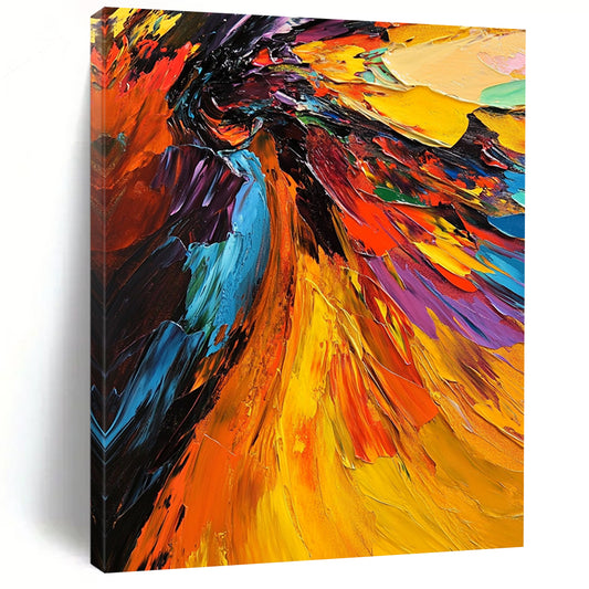 Contemporary abstract oil painting features a vivid angel with colorful wings highlighted by thick brushstrokes and dramatic lighting in a close-up view. DLZ0397