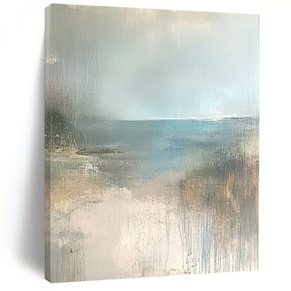 Contemporary hand-painted abstract art featuring a serene empty beach in soft beige, pale blue, and grey tones. Perfect for calming spaces. DLZ0950