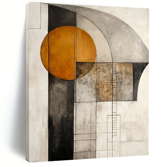 Contemporary abstract artwork featuring an orange circle and gray shapes with a large dark brown arch and a delicate ladder line drawing on a white background. DLZ1016